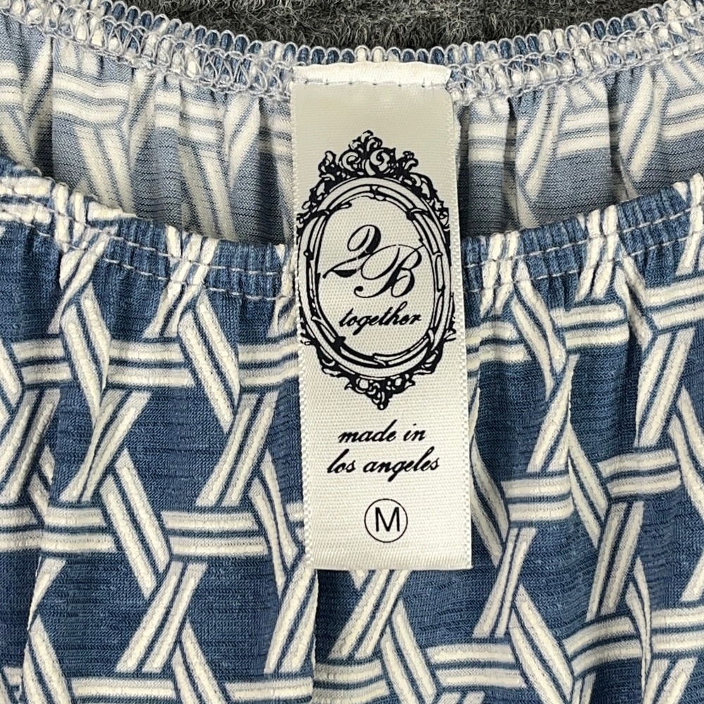 2 B Together Blue White Geo Print‎ Crochet Lace Trim Shift Dress M Boho Resort - Picture 2 of 11